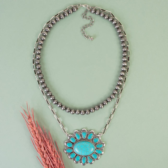 92159 - Layered Squash Blossom Necklace - Turquoise & Silver