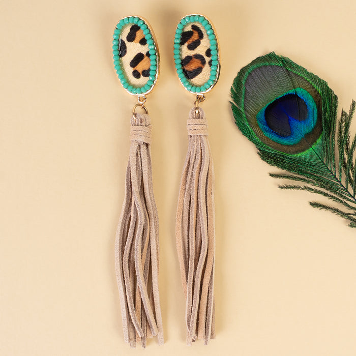 93069 - Animal Print Tassel Earrings - Turquoise