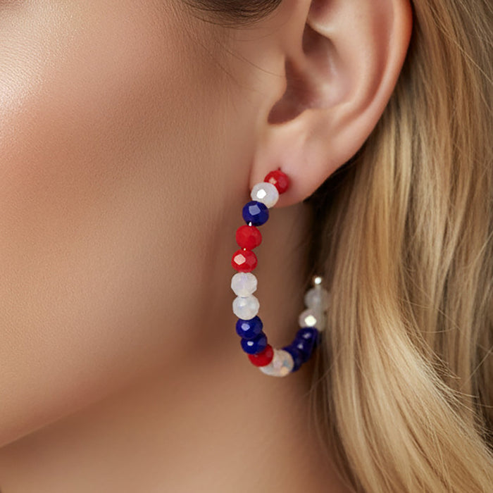 93684 - Beaded Hoop Earrings - Red White & Blue