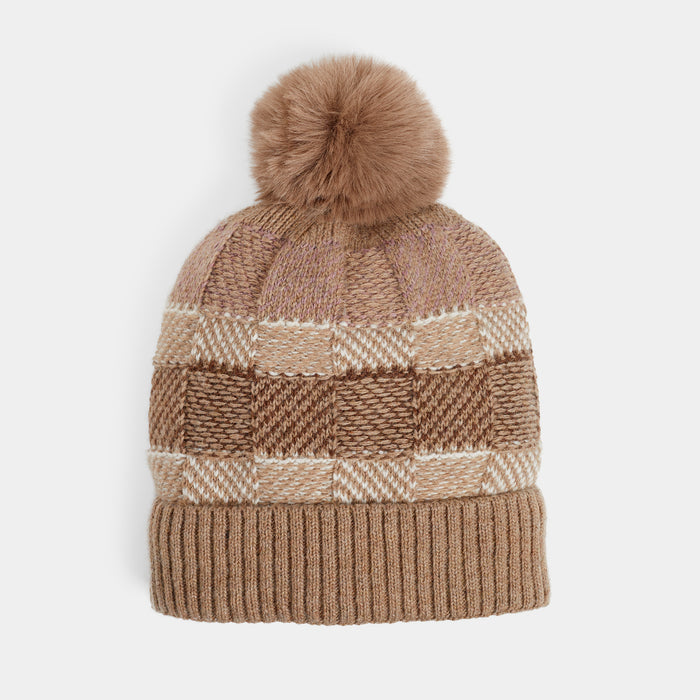 Checkerboard Winer Knit Hat - Brown
