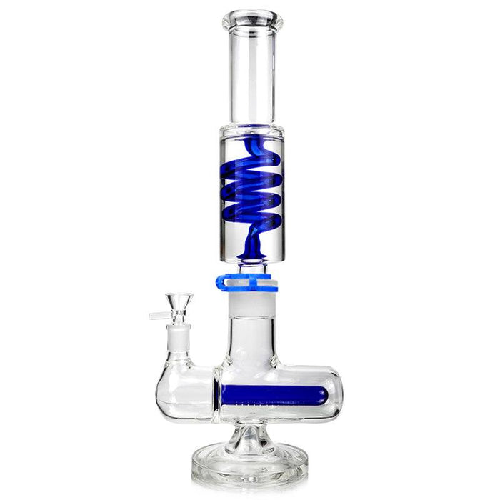 Clear glass water pipe with blue interior on a white background