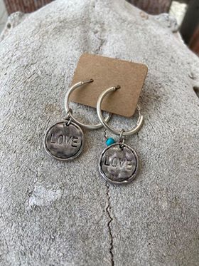 Gold/Silver Hoop 'Love' heart Rustic Earrings