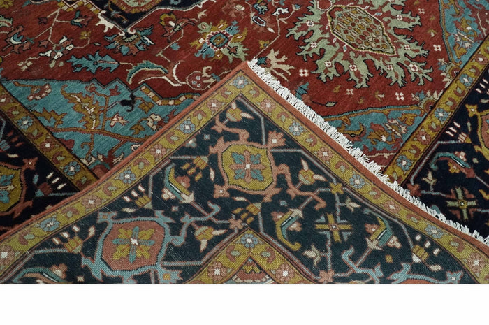3x5, 5x8, 6x9, 9x12 and 8x10 Hand Knotted Rust, Blue and Black Traditional Vintage Heriz Serapi Antique Wool Rug | TRDCP986810 - The Rug Decor