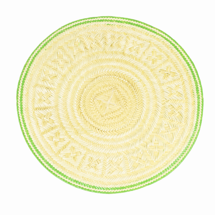 natural woven round placemat with green bordering