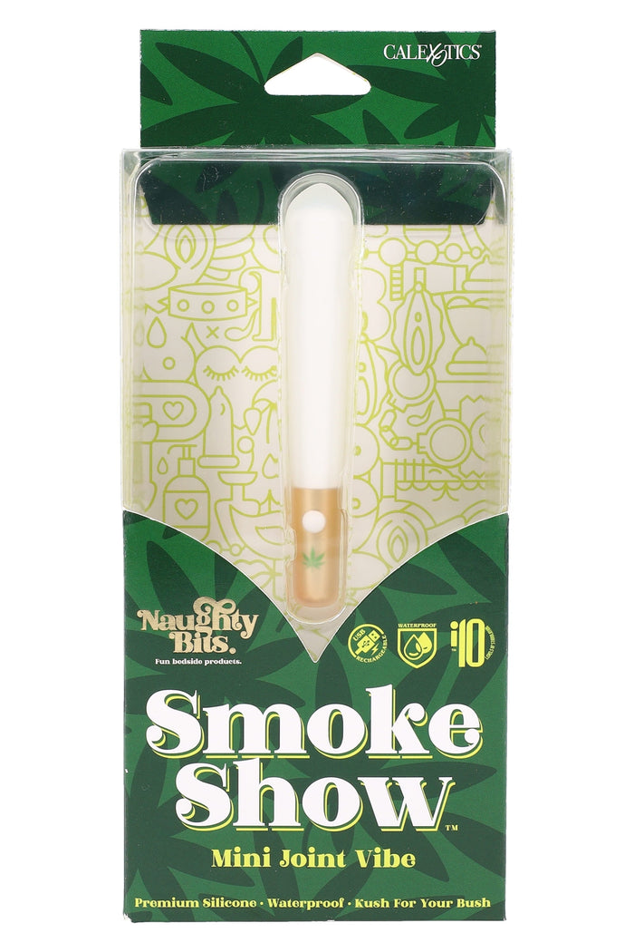 Packaged 'Smoke Show' mini joint vibe with green and white design on a white background