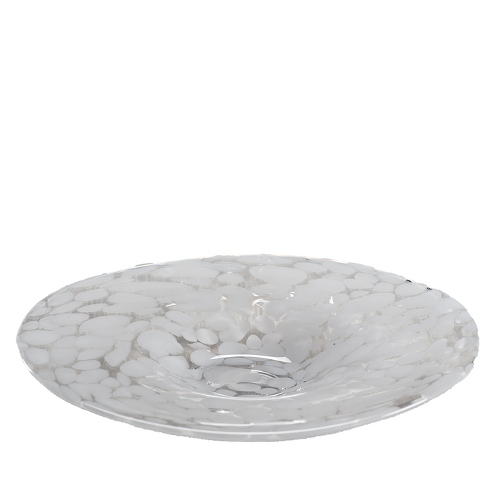 shallow hand blown glass bowl with white dots