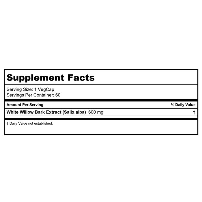 Solaray Guaranteed Potency White Willow Bark Extract - 750mg Veg Capsules (60 Count) - Supplement Facts panel