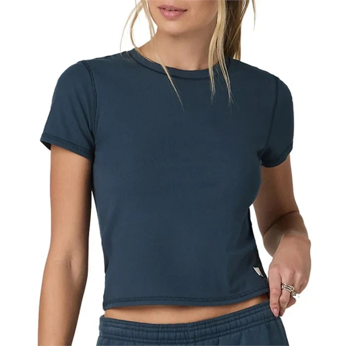 Person wearing a dVuori - Pose Fitted Tee Ink Stripe in Ocean on a white background