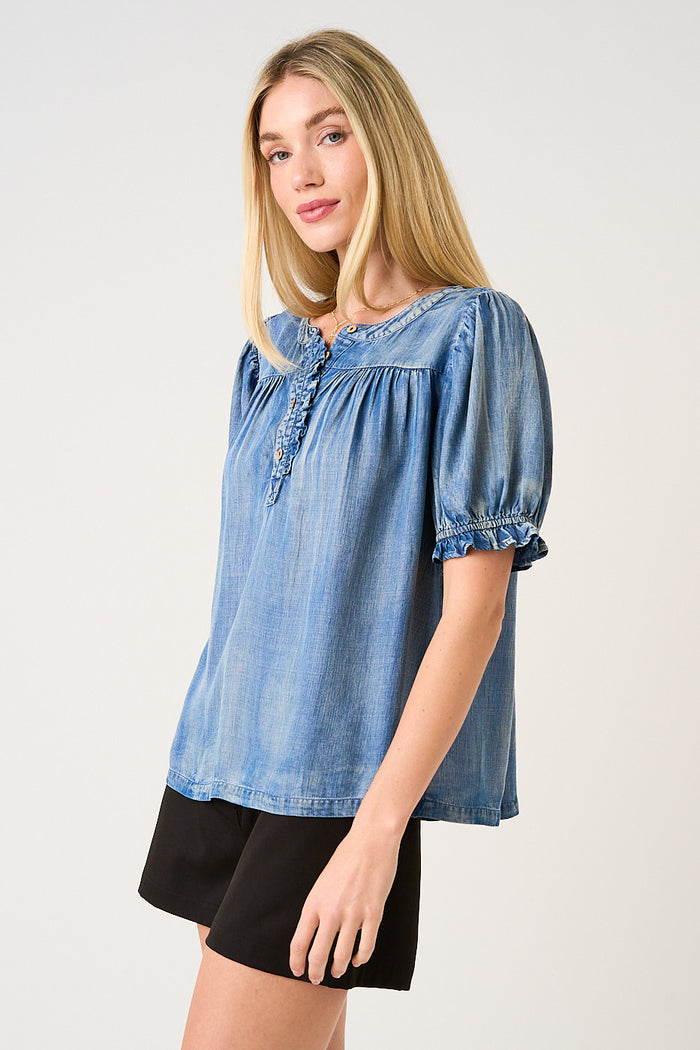 Washed Tencel Chambray Ruffle Puff Sleeve Top