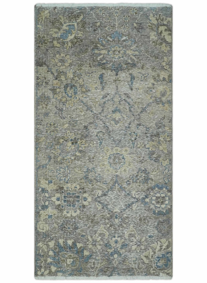 2x4 Gray, Beige and Blue Wool Hand Knotted traditional Vintage Antique Rug| N1224 - The Rug Decor