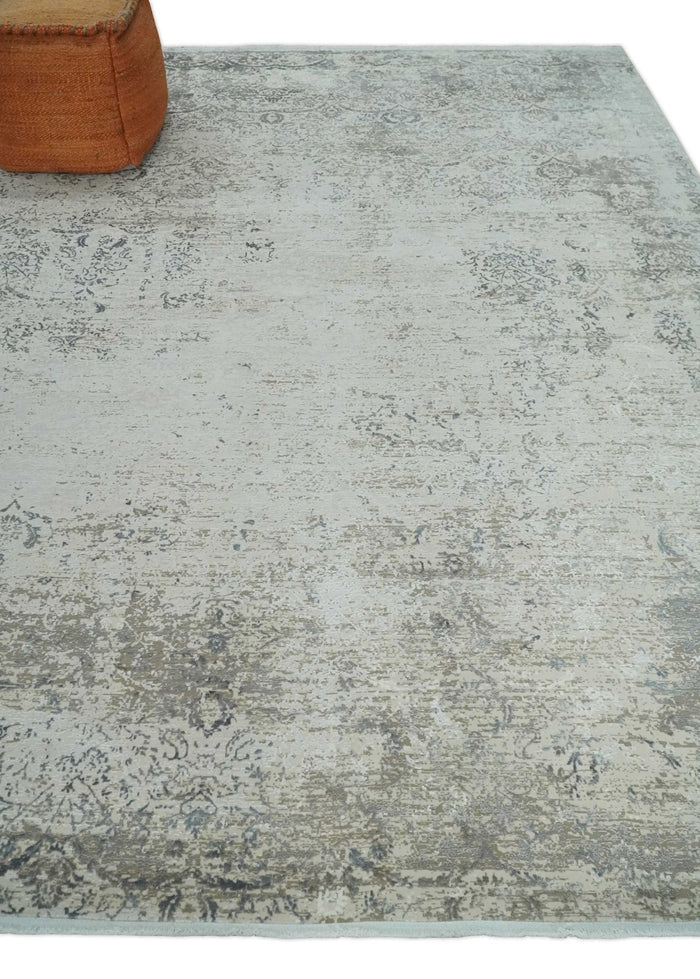 Beige, Brown and Silver Antique Finish, Vintage look, Art Silk Area Rug, Living Room Rug | TRDMM4 - The Rug Decor
