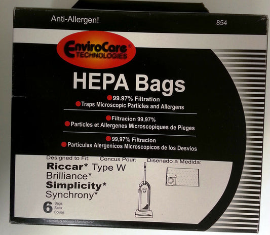 6 Vacuum Bags for Riccar Type W for Brilliance, Simplicity, Synchrony Generic Part 854
