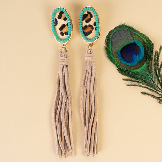 93069 - Animal Print Tassel Earrings - Turquoise