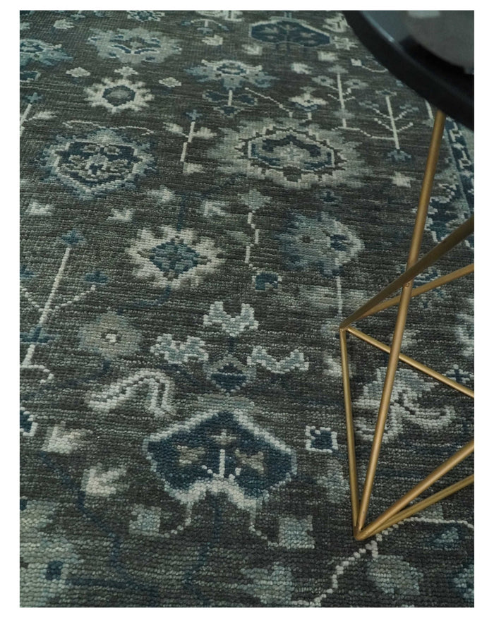 Antique Charcoal Hand Knotted Oushak 5x8, 6x9, 8x10, 9x12, 10x14 and 12x15 Silver and Blue Traditional Persian Wool Rug | TRDCP913810 - The Rug Decor