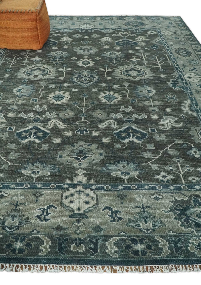 Antique Charcoal Hand Knotted Oushak 5x8, 6x9, 8x10, 9x12, 10x14 and 12x15 Silver and Blue Traditional Persian Wool Rug | TRDCP913810 - The Rug Decor