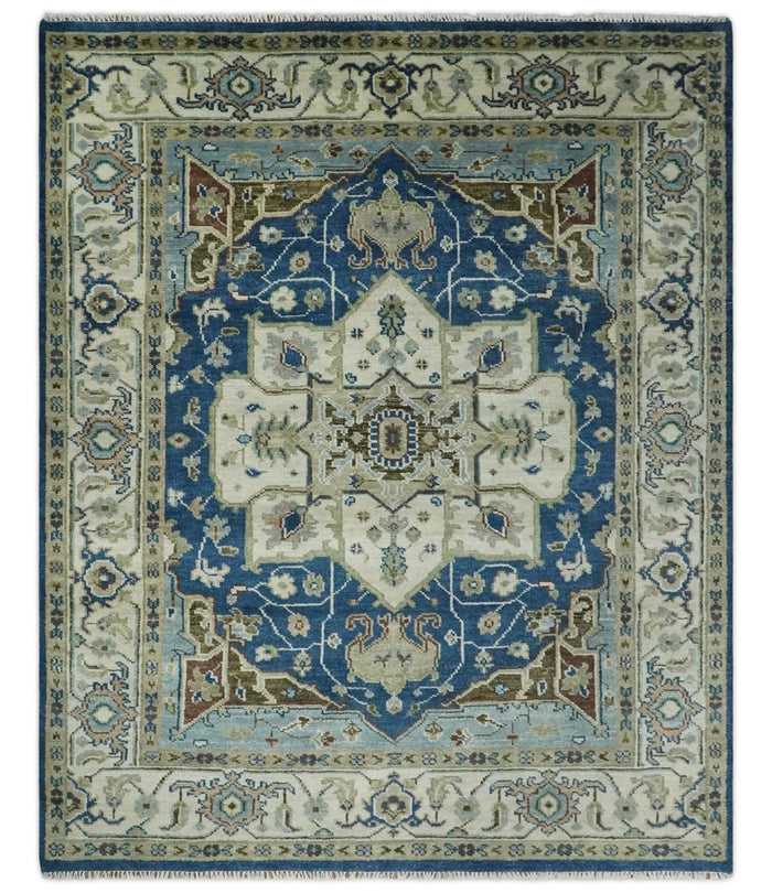 Blue and Ivory Hand Knotted Antique 5x8, 6x9, 8x10, 9x12, 10x14 and 12x15 Brown Traditional Heriz Serapi Wool Rug | TRDCP868 - The Rug Decor