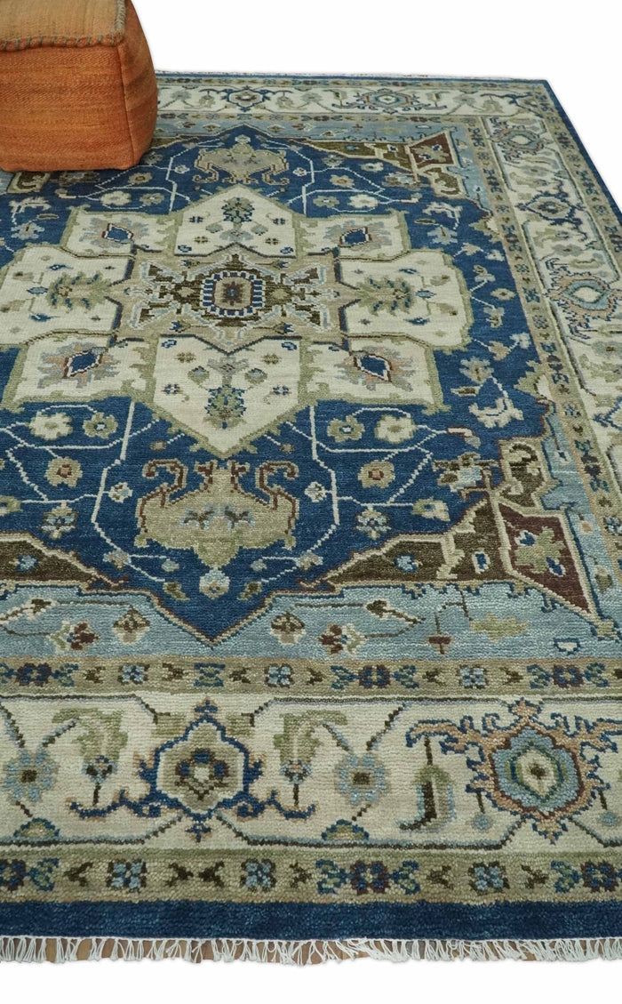 Blue and Ivory Hand Knotted Antique 5x8, 6x9, 8x10, 9x12, 10x14 and 12x15 Brown Traditional Heriz Serapi Wool Rug | TRDCP868 - The Rug Decor