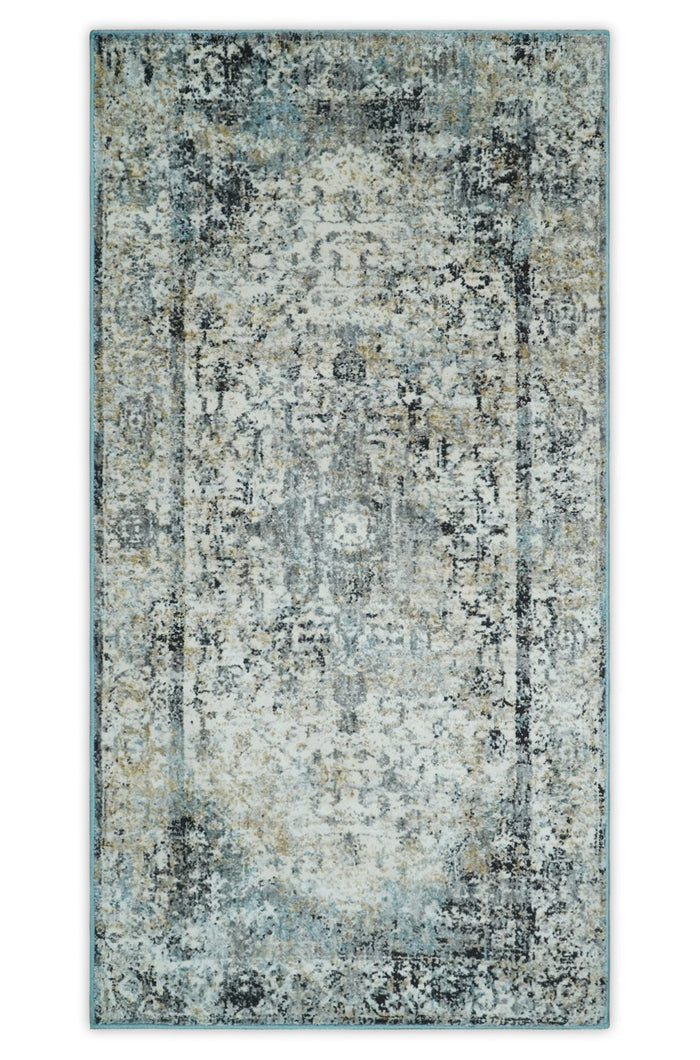 Beige, Olive and Gray and Black Antique Finish, Vintage look, Art Silk Area Rug, Living Room Rug | TRDMM7 - The Rug Decor