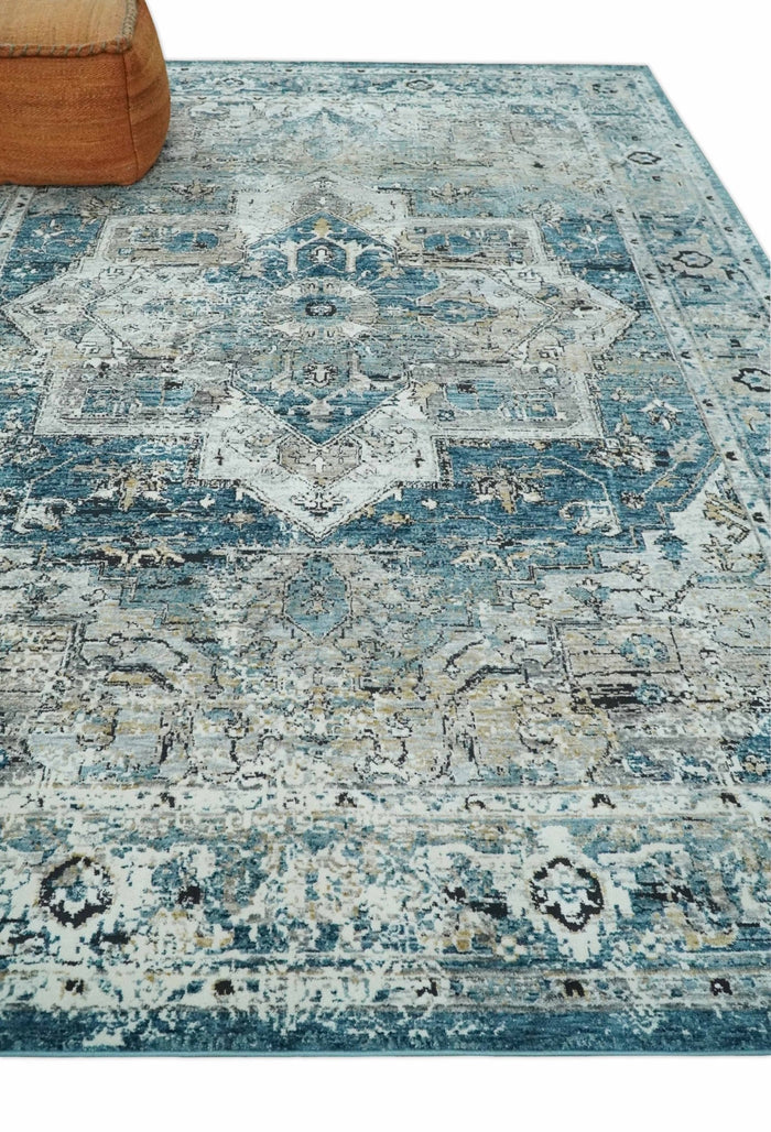 Blue, Beige and Black Antique Finish, Vintage look, Art Silk Area Rug, Living Room Rug | TRDMM1 - The Rug Decor