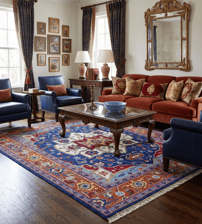 Blue and Rust Hand Knotted Traditional Heriz Multi Size wool Area Rug - The Rug Decor