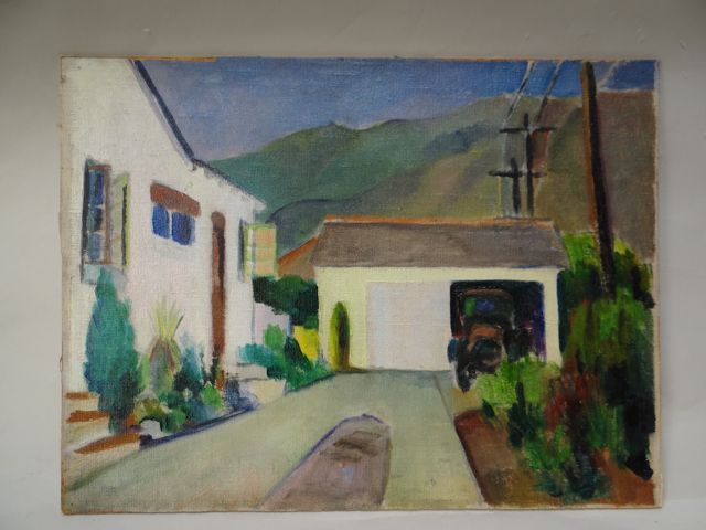 California Bungalow in the Foothills Folk Art Oil On Board c 1929