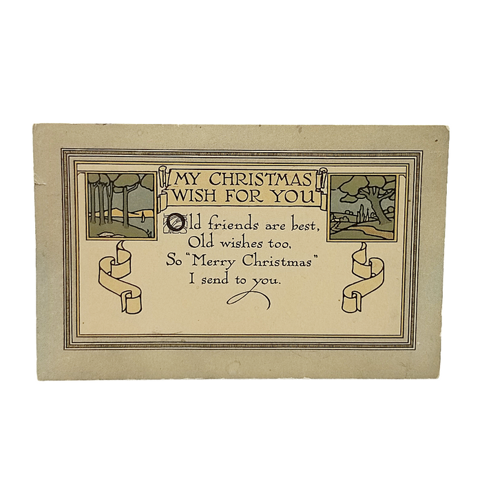 Christmas Postcard Arts Craft Card with Poem Landscape Trees in Corners