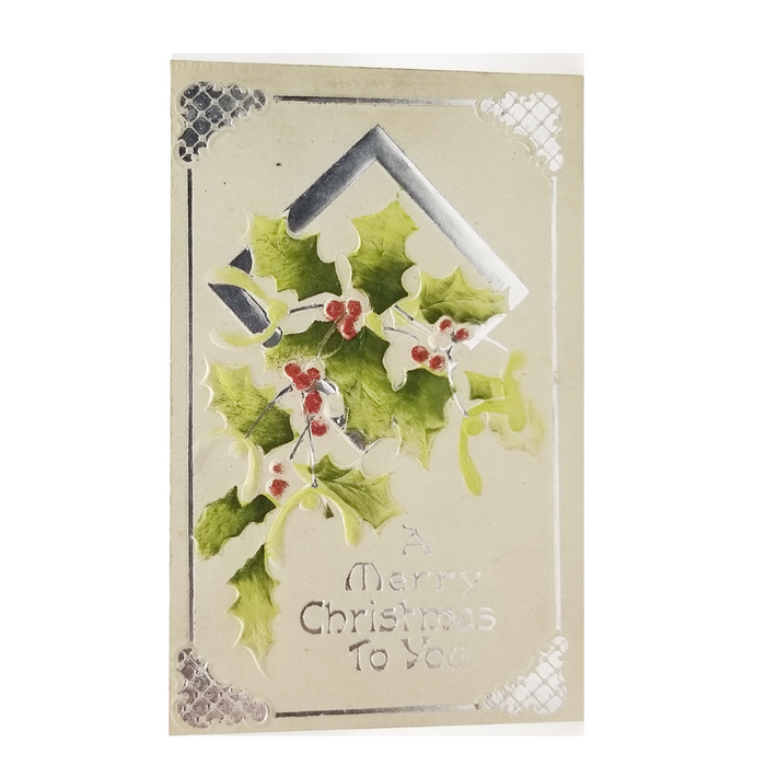 Christmas Postcard Embossed Silver Trimmed Holly