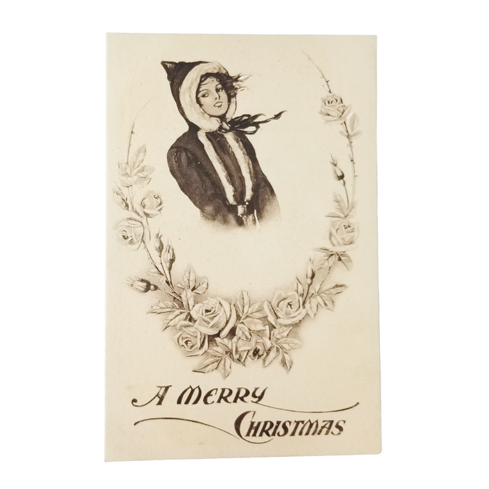Christmas Postcard Mrs. Claus Sepia Card with Roses Artist Harper