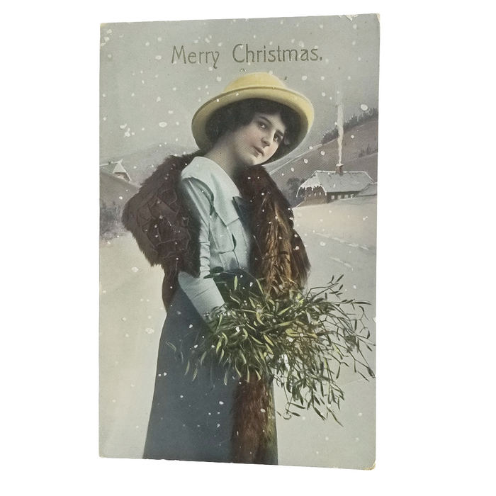 Christmas Postcard Real Photo Style Woman in Winter Landscape