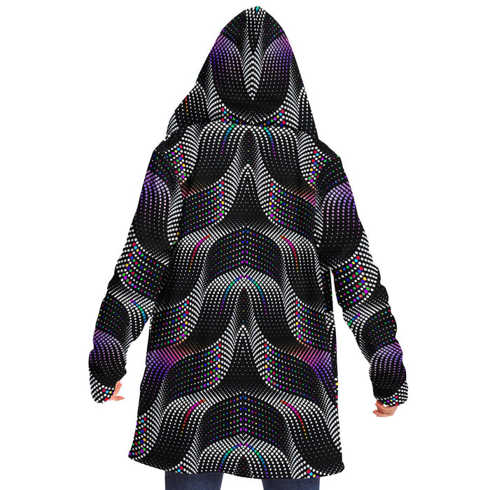 Color Coding Micro Fleece Cloak, Hooded Wearable Art, Psychedelic Festival Layer — back — hood raised
