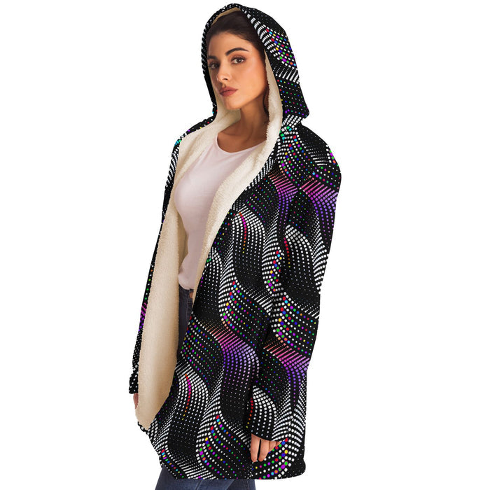 Color Coding Micro Fleece Cloak, Hooded Wearable Art, Psychedelic Festival Layer — front — hood lowered
