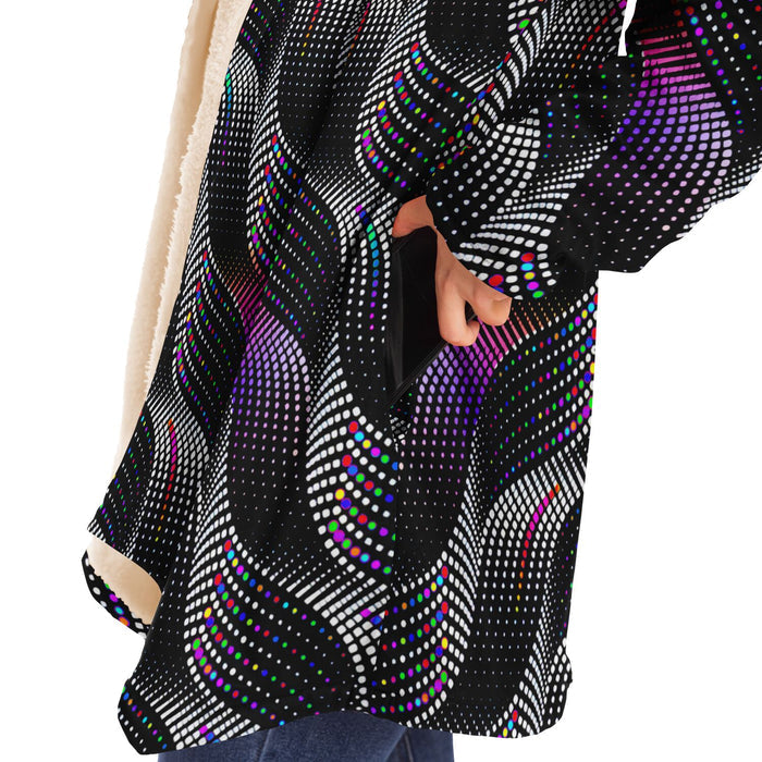 Color Coding Micro Fleece Cloak, Hooded Wearable Art, Psychedelic Festival Layer — wearer-left three-quarter — hood lowered