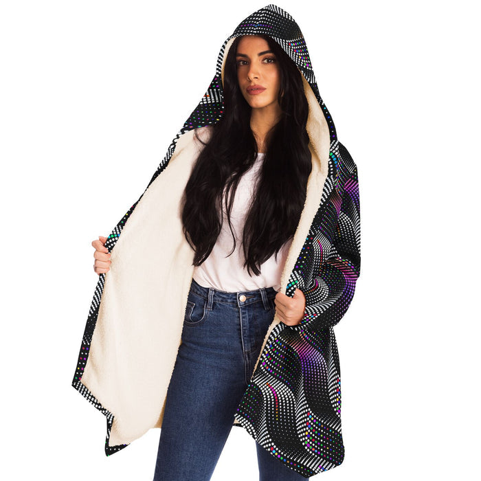 Color Coding Micro Fleece Cloak, Hooded Wearable Art, Psychedelic Festival Layer — close-up — printed micro-mink outer and pocket