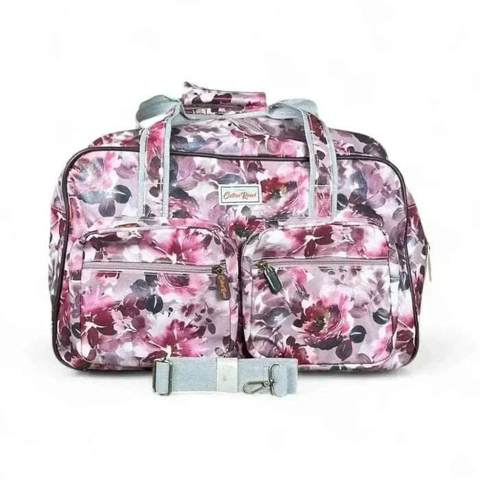 Cotton Road Travel Bag light pink with purple roses and multiple compartments
