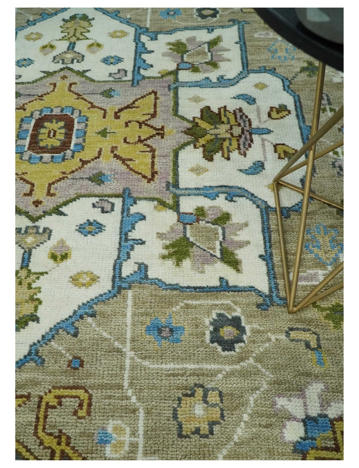 Hand Knotted 5x8, 6x9, 8x10, 9x12, 10x14 and 12x15 Ivory, Camel and Teal Modern Traditional Persian Heriz Serapi Wool Rug | TRDCP881912 - The Rug Decor