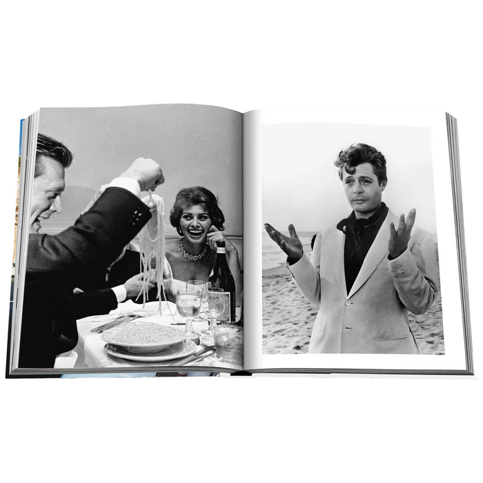 Interior of book with black and white portrait photography.