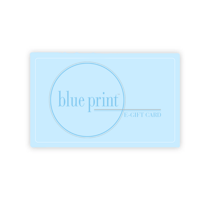 Light blue rectangular gift card with thin white border, featuring "blue print" text inside a circle and "E-GIFT CARD" on.