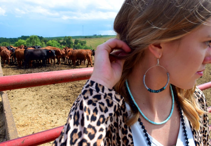 Genuine Turquoise and Silver Hoop Earrings