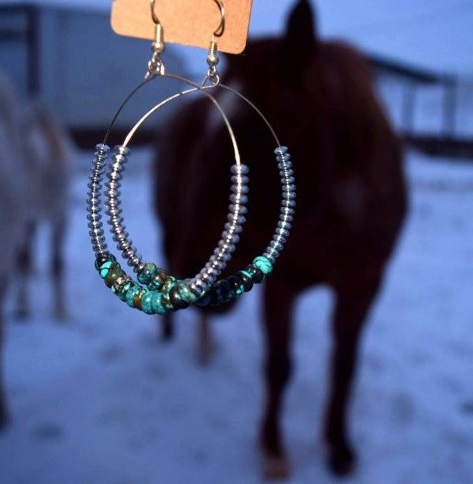 Genuine Turquoise and Silver Hoop Earrings