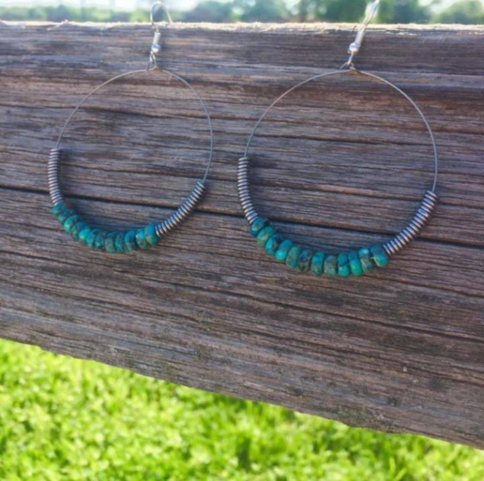 Genuine Turquoise and Silver Hoop Earrings
