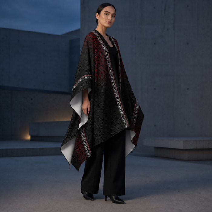 Geometrix Draped Kimono lifestyle three-quarter front view