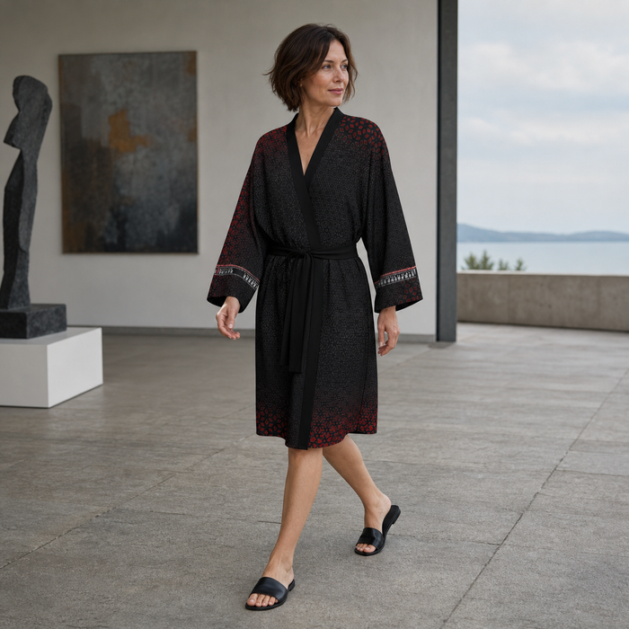 Geometrix Peignoir Kimono — lifestyle three-quarter front