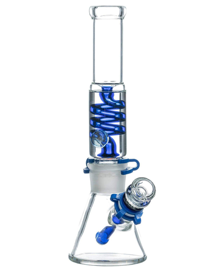 Glass water pipe with blue spiral design on a white background