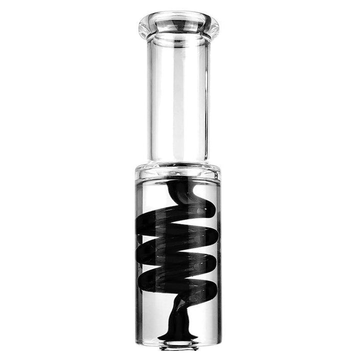 Clear glass water pipe with a black spiral design on a white background