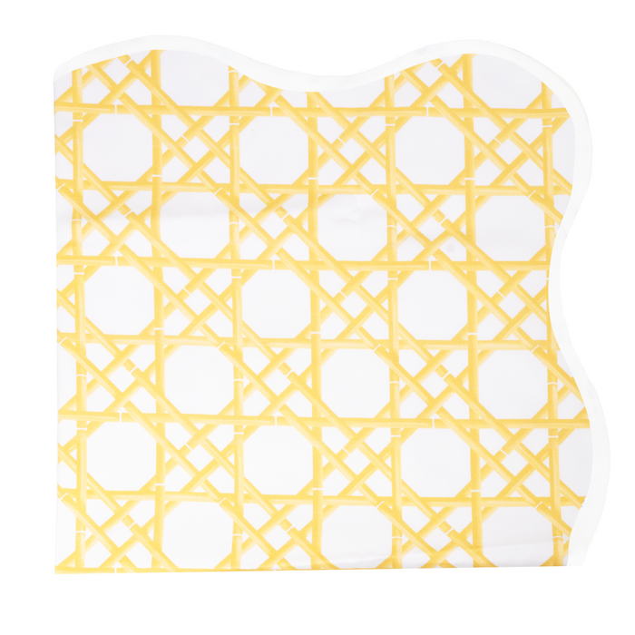 A square-shaped tablecloth with a geometric pattern in yellow color, displayed on a white background.