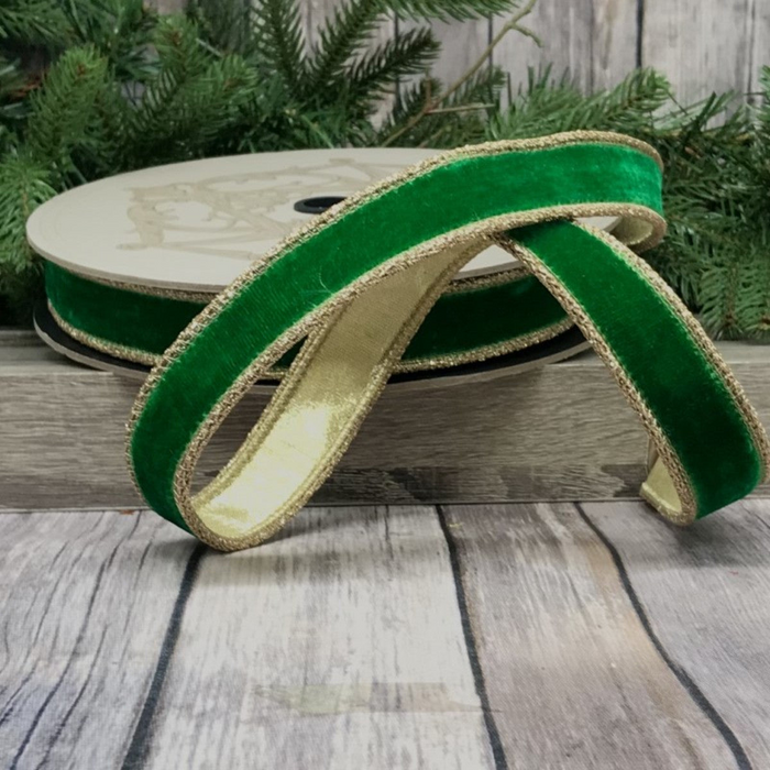 Green Velvet Glitter Gold Trim Ribbon, 1" X 10YD