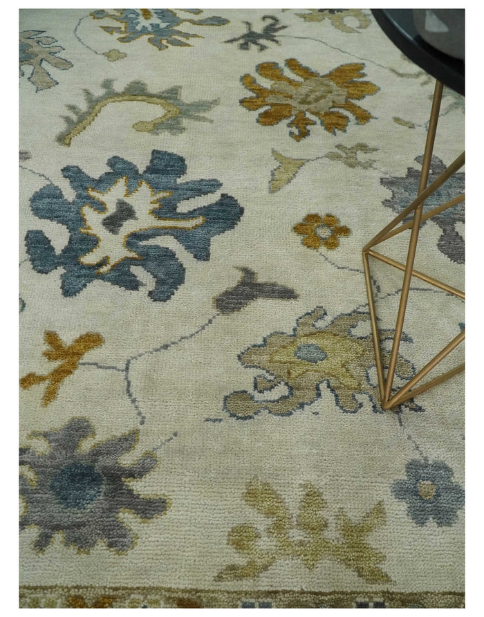 Hand Knotted 5x8, 6x9, 8x10, 9x12, 10x14 and 12x15 Ivory, Blue and Brown Traditional Persian Oushak Wool Rug | TRDCP910810 - The Rug Decor