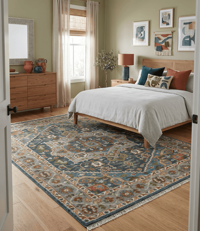 Hand Knotted Charcoal, Camel and Teal Traditional Heriz Multi size Wool Area Rug - The Rug Decor