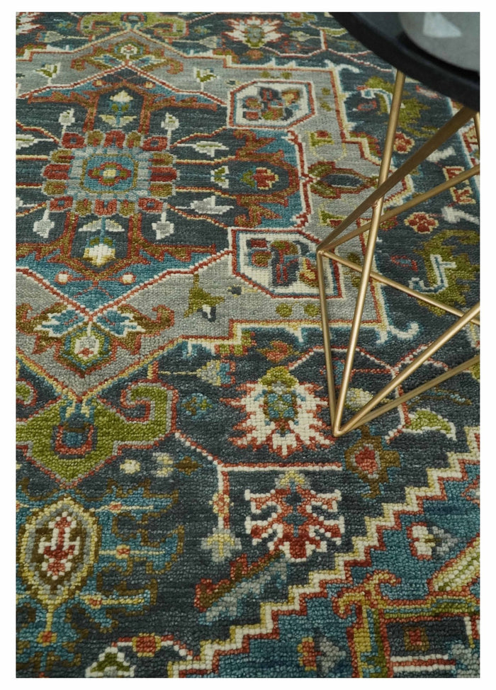 Antique 5x8, 6x9, 8x10, 9x12, 10x14 and 12x15 Hand Knotted Charcoal, Camel and Teal Traditional Persian Heriz Serapi Wool Rug | TRDCP1031810 - The Rug Decor