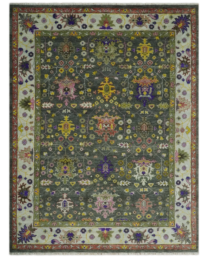 Antique Moss Hand Knotted 5x8, 6x9, 8x10, 9x12, 10x14 and 12x15 Charcoal, Ivory and Green Traditional Persian Oushak Wool Rug | TRDCP918912 - The Rug Decor